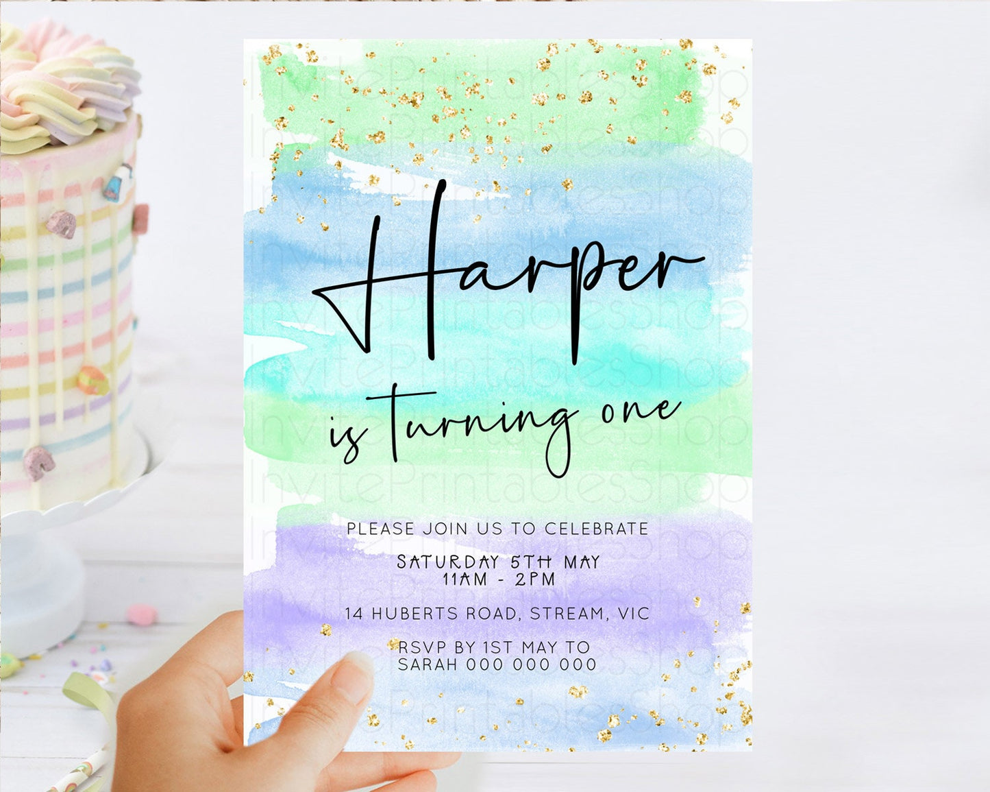 Pastel Birthday Invitation Ombre Watercolor Birthday Invitation Glitter Rainbow Color Splash 1st 2nd 3rd Birthday Invitation D23043