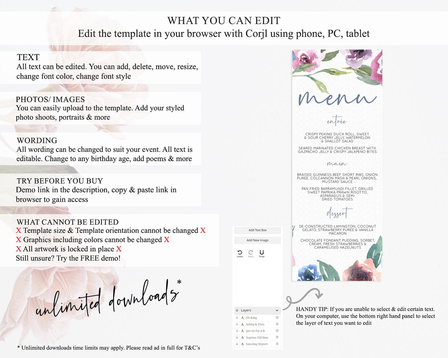 Secret Garden Menu Wildflower Menu Template Pastel Flower Garden Table Decor Boho Floral Dinner Dessert Floral Party Food Menu D10780