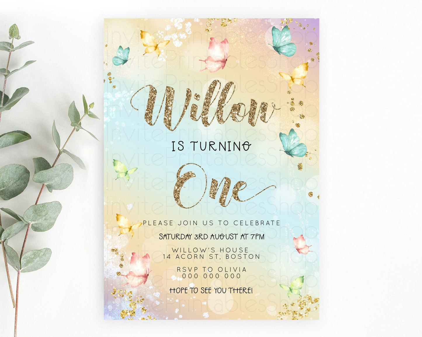 Pastel Butterfly Birthday Invitation Butterfly Birthday Invitation Colorful Splash Glitter Butterfly Garden 1st 2nd Birthday D23087