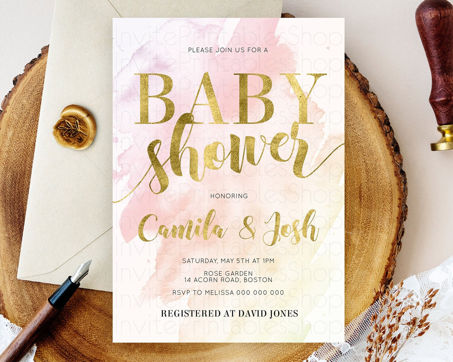 Pink Baby Shower Invitation Pink Watercolor Baby Shower Invitation Pastel Pink Watercolor Invitation Pink Splash Gold Invitation D11025