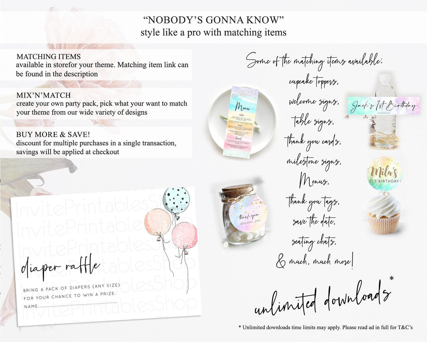 Pastel Balloons Diaper Raffle Card Colorful Balloon Diaper Raffle Insert Rainbow Balloon Diaper Ticket Confetti Balloon Raffle Game D10868