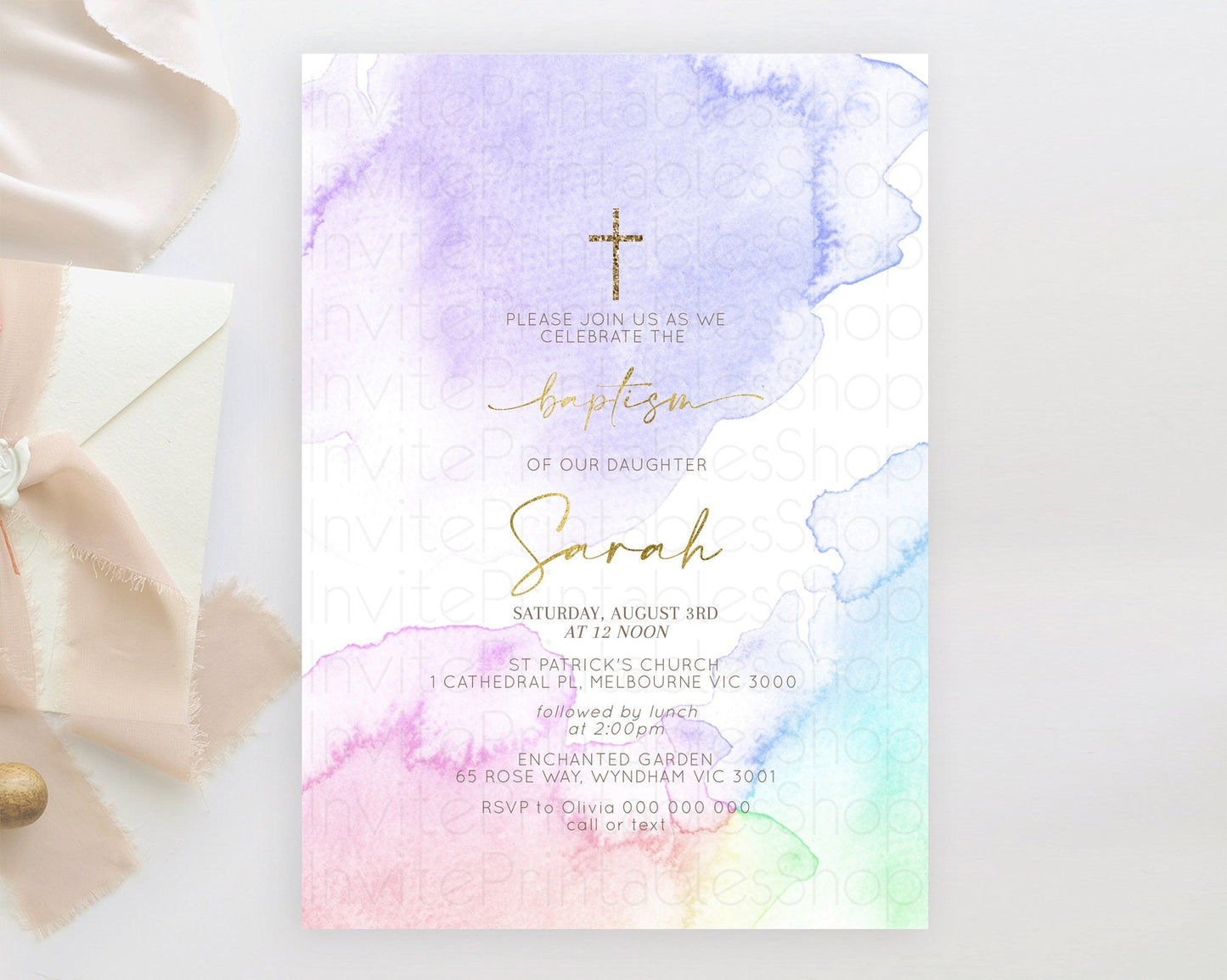 Pastel Baptism Invitation Pastel Colors Watercolor Baptism 1st Birthday Party Gold Ombre Pastel Rainbow Christening Holy Communion D10215