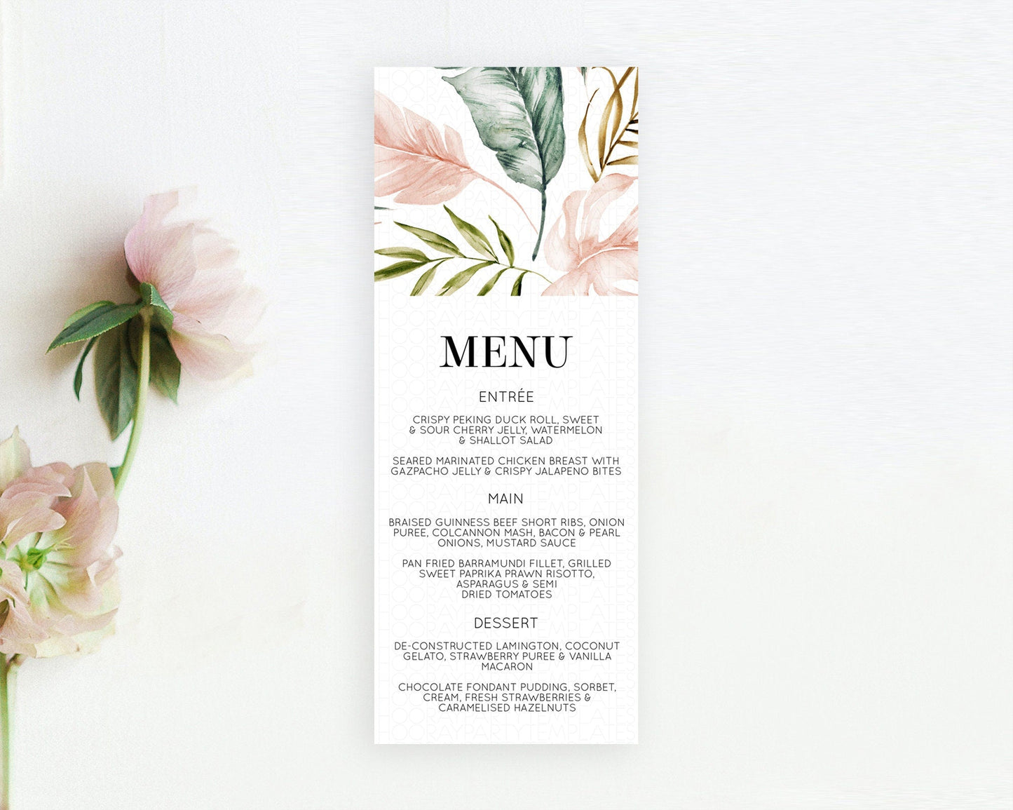 Tropical Menu Template Tropical Menu Palm Leaf Fern Table Decor Frangipani Floral White Orchid Dinner Dessert Menu Party Food Menu D11064