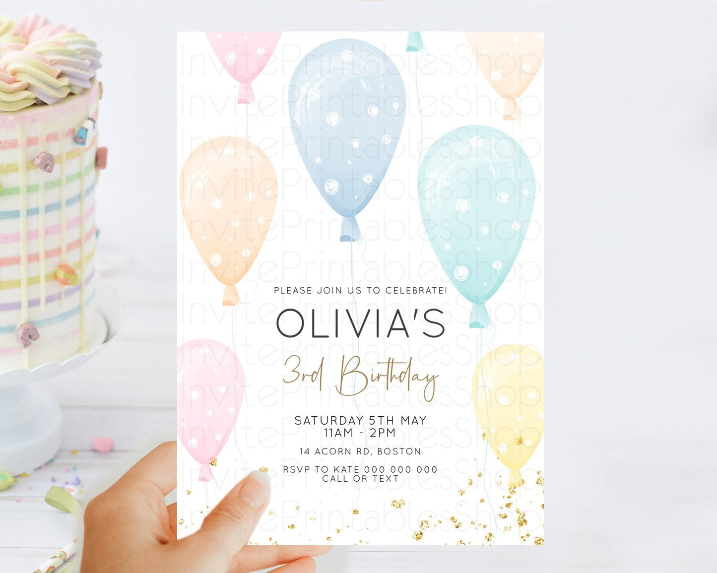 Pastel Balloon Birthday Invitation Rainbow Colorful Glitter Sprinkles Confetti Watercolor Balloons Pink Blue Green Yellow Editable D10776