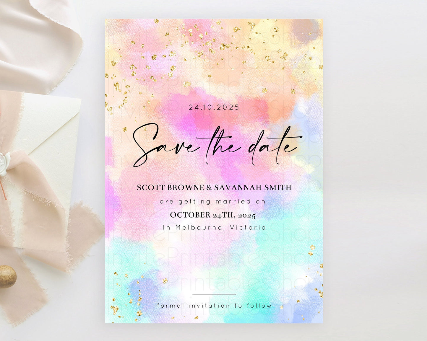 Pastel Save The Date Template Pastel Ombre Rainbow Watercolor Colorful Party For Birthday Baptism Baby Shower Wedding Bridal Shower D10667