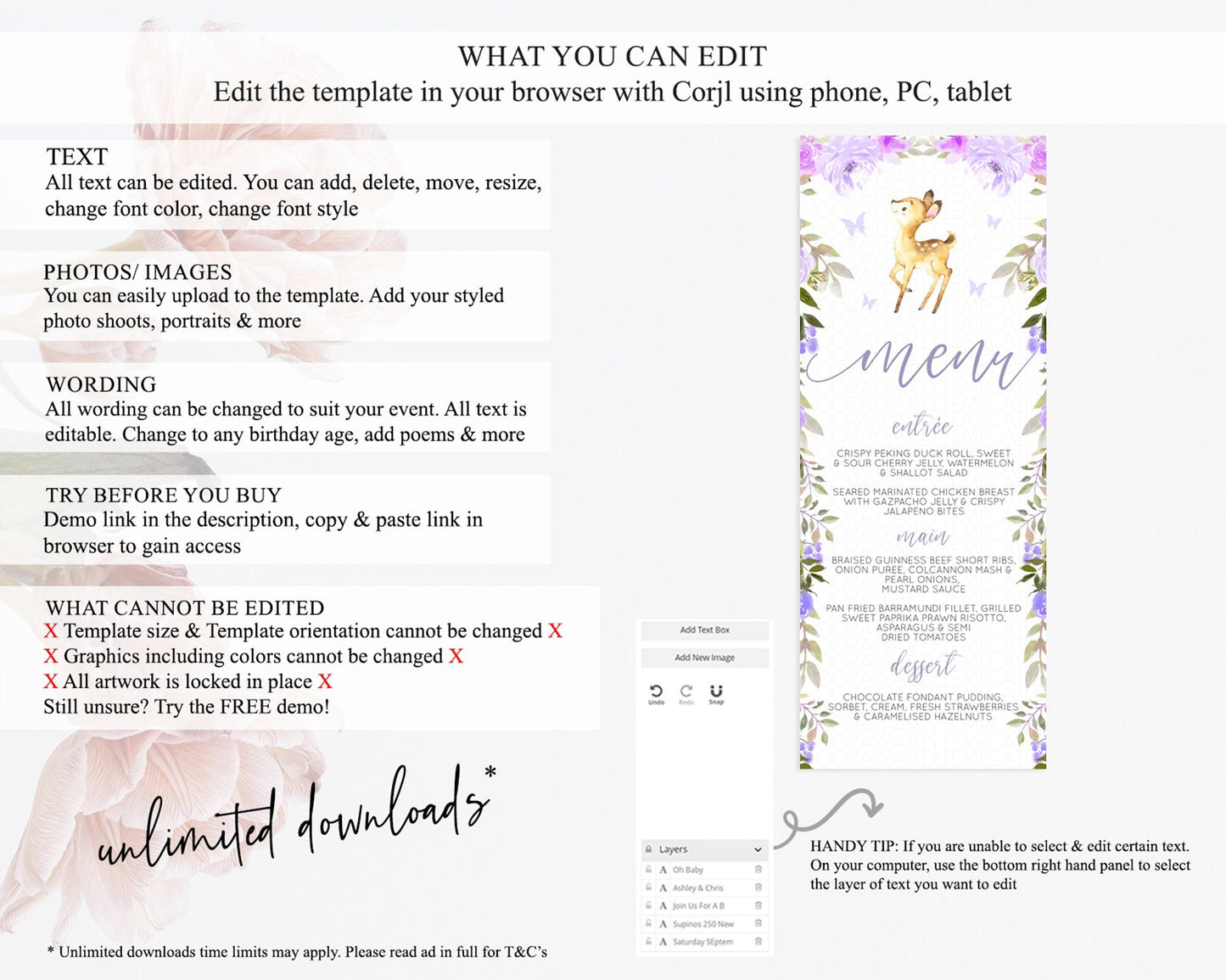 Fawn Menu Deer Menu Template Pastel Floral Deer Table Decor Enchanted Forest Butterfly Floral Dinner Dessert Menu Party Food Menu D10916