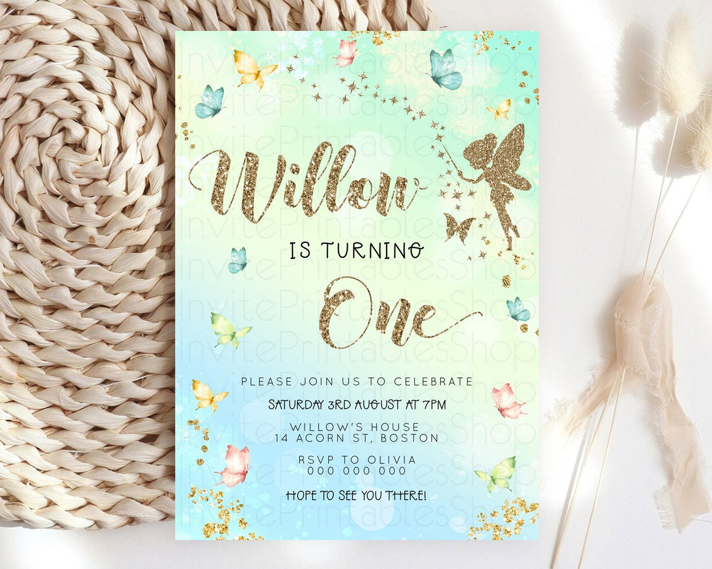 Pastel Fairy Birthday Invitation Pastel Butterflies Fairy Birthday Invitation Rainbow Ombre Watercolor 1st 2nd Birthday Invitation D23150