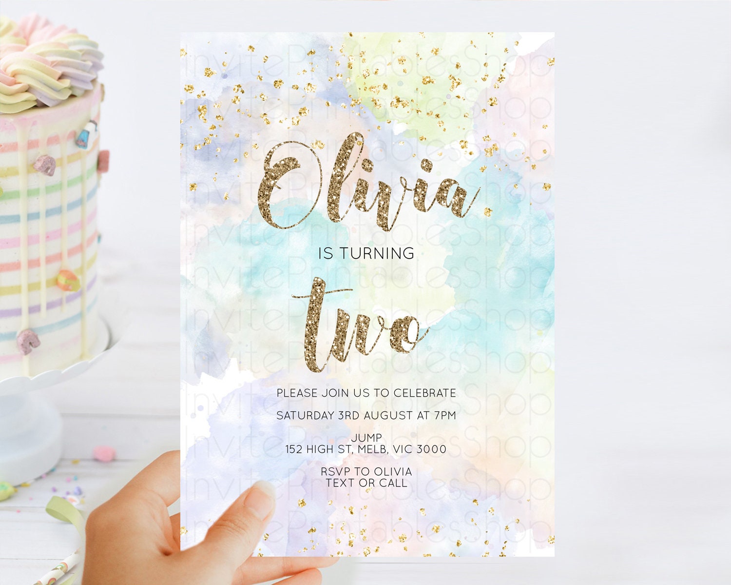 Editable Rainbow Birthday Invitation Colorful Pastel Watercolor Invitation G