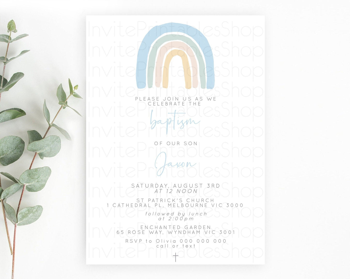 Pastel Rainbow Baptism Invitation Boho Rainbow Baptism 1st Birthday Invitation Rainbow Pastel Watercolor Christening Invitation D10200