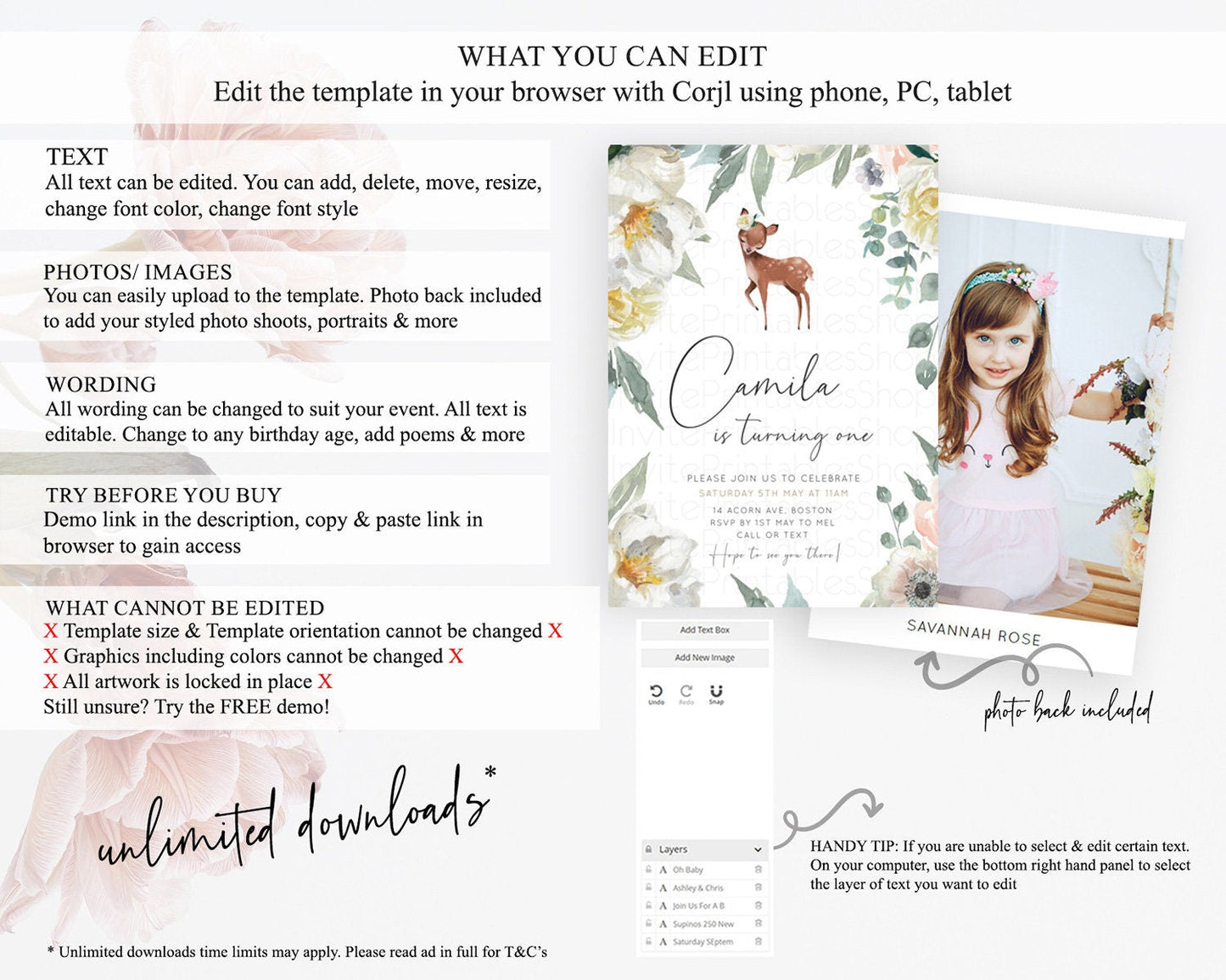 Fawn Birthday Invitation Deer Birthday Invitation Enchanted Forest Party Butterfly Pastel Flowers Whimsical 2nd 1st First Birthday D11030