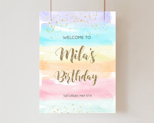 Rainbow Welcome Sign Pastel Welcome Sign Pastel Ombre 1st Birthday Sign Colorful Watercolor Glitter Sprinkles Welcome Birthday Board 525
