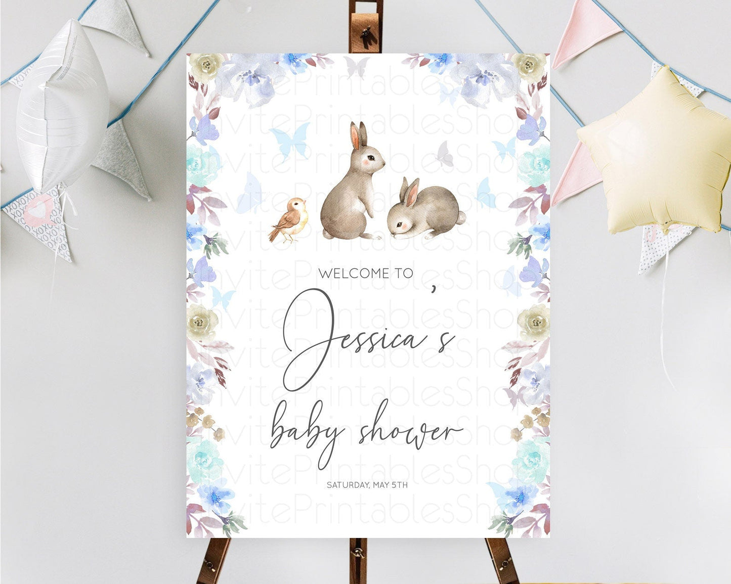 Bunny Baby Shower Welcome Sign Floral Bunny Welcome Board Pastel Flowers Woodland Bunny Welcome Poster Forest Bunny Welcome Sign D10927