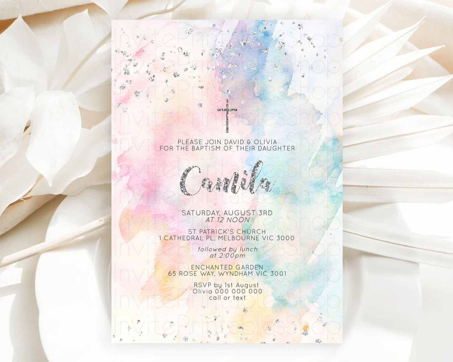 Rainbow Baptism Invitation Colorful Pastel Watercolor Baptism 1st Birthday Invitation Silver Glitter Ombre Christening Invitation D10944