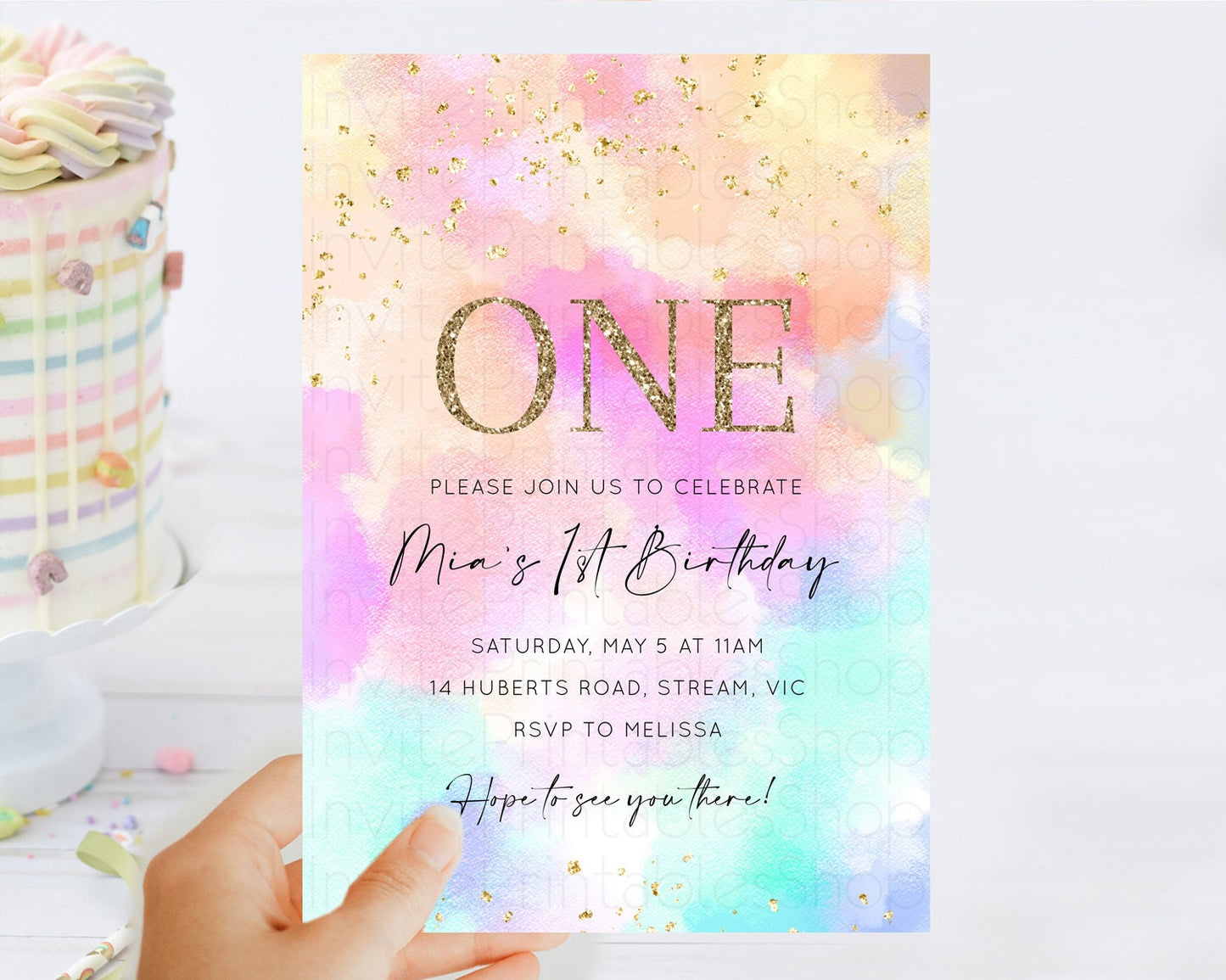 Rainbow Birthday Invitation Colorful Pastel Watercolor Invitation Gold Glitter Sprinkles Ombre Pastel 1st 2nd 3rd Birthday D10667