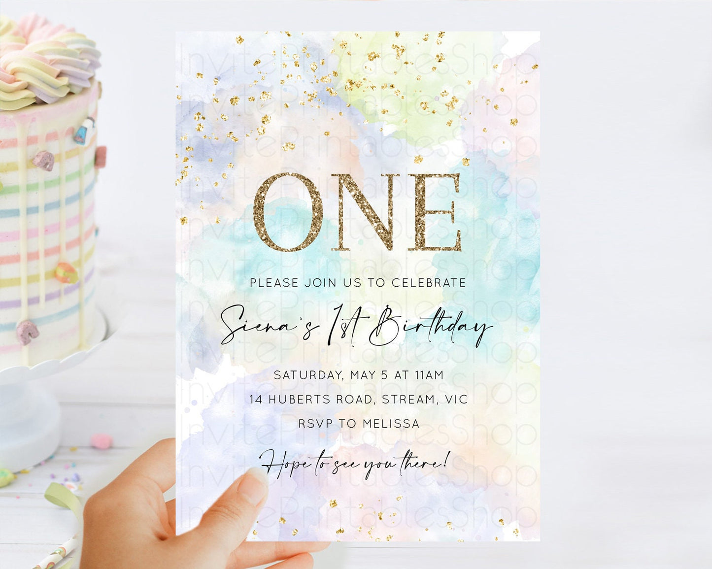 Rainbow Birthday Invitation Colorful Pastel Watercolor Invitation Gold Glitter Sprinkles Ombre Pastel 1st 2nd 3rd Birthday D10613