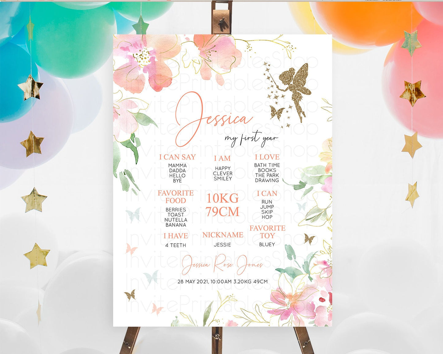Fairy First Birthday Milestone Poster Fairy Secret Garden Milestone Board Enchanted Garden Pastel Floral Butterfly 1st Birthday Sign D10934