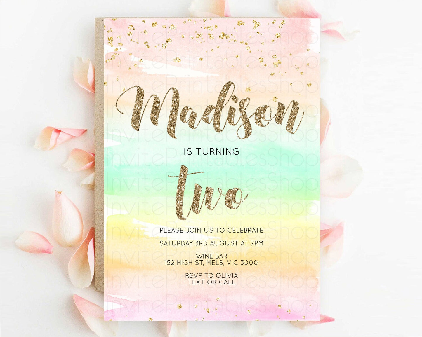 Rainbow Birthday Invitation Colorful Pastel Watercolor Invitation Gold Glitter Sprinkles Ombre Pastel 1st 2nd 3rd Birthday D10592