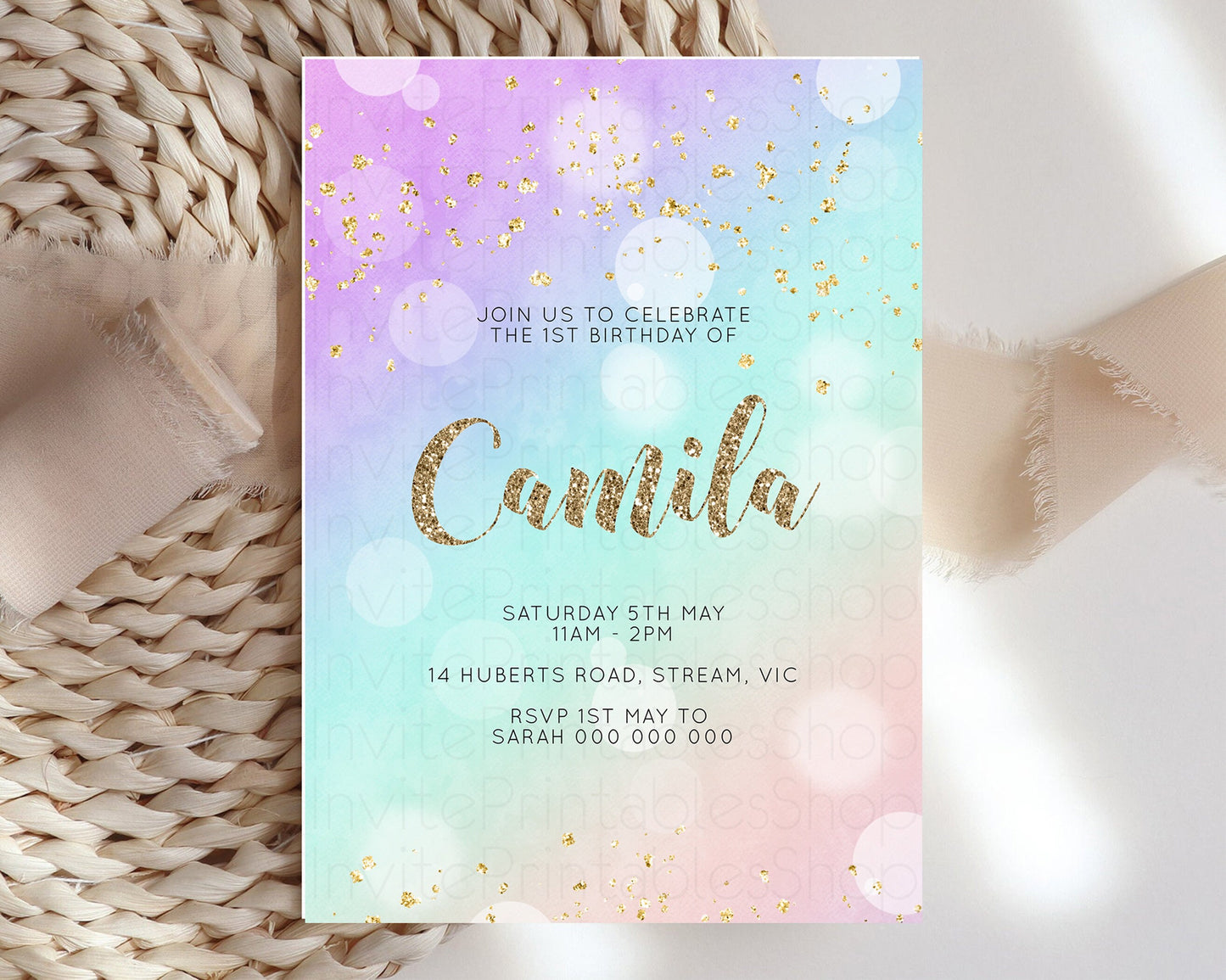 Rainbow Birthday Invitation Pastel Birthday Invite Ombre Watercolor Invite Enchanted Theme Colorful Splash Glitter Sprinkles 1st 2nd 3rd