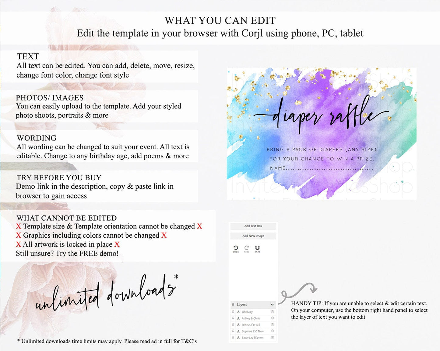 Pastel Diaper Raffle Card Pastel Rainbow Diaper Raffle Insert Colorful Ombre Watercolor Diaper Ticket Confetti Glitter Raffle Game D10491