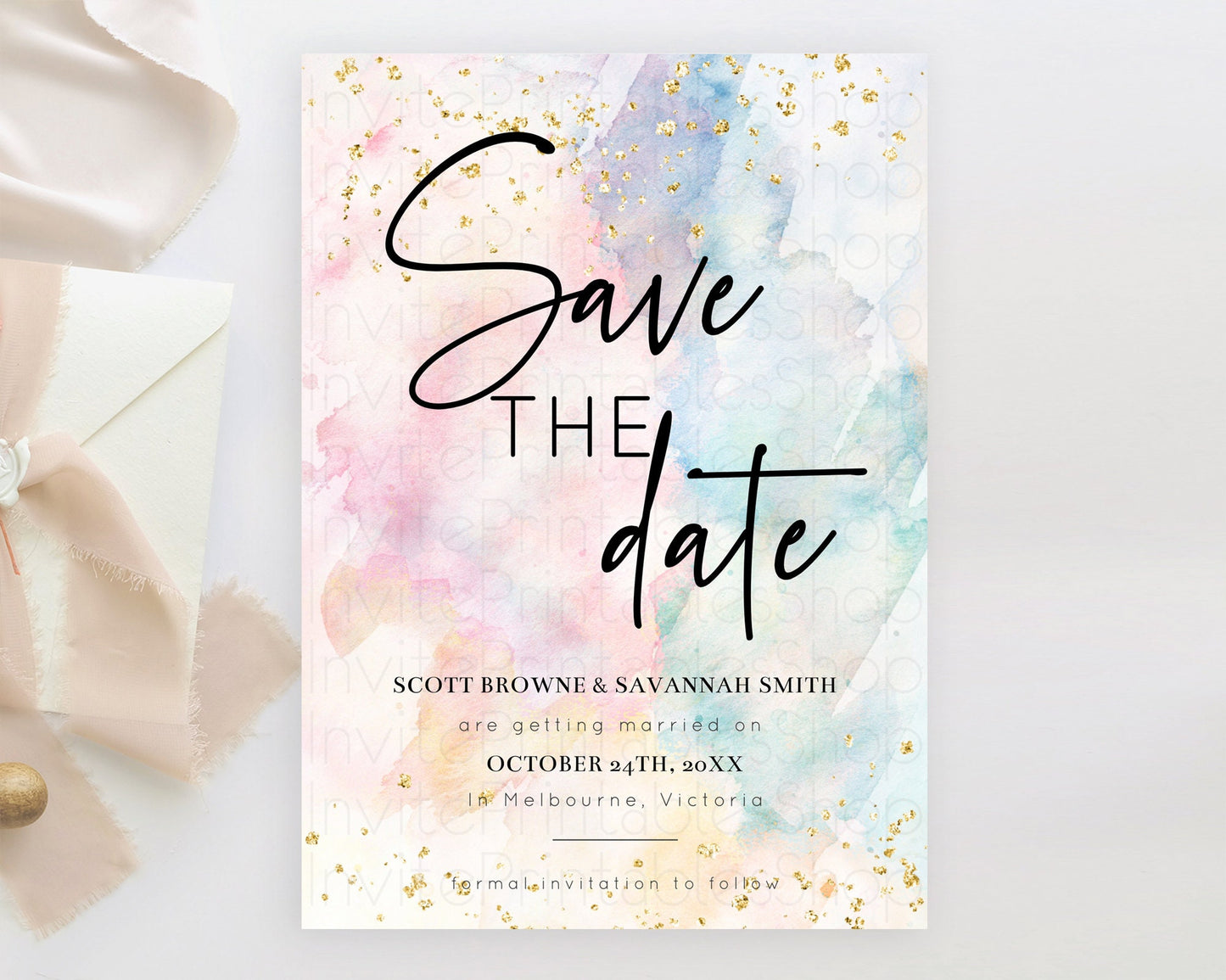 Editable Pastel Save The Date Template Pastel Ombre Rainbow Watercolor Color