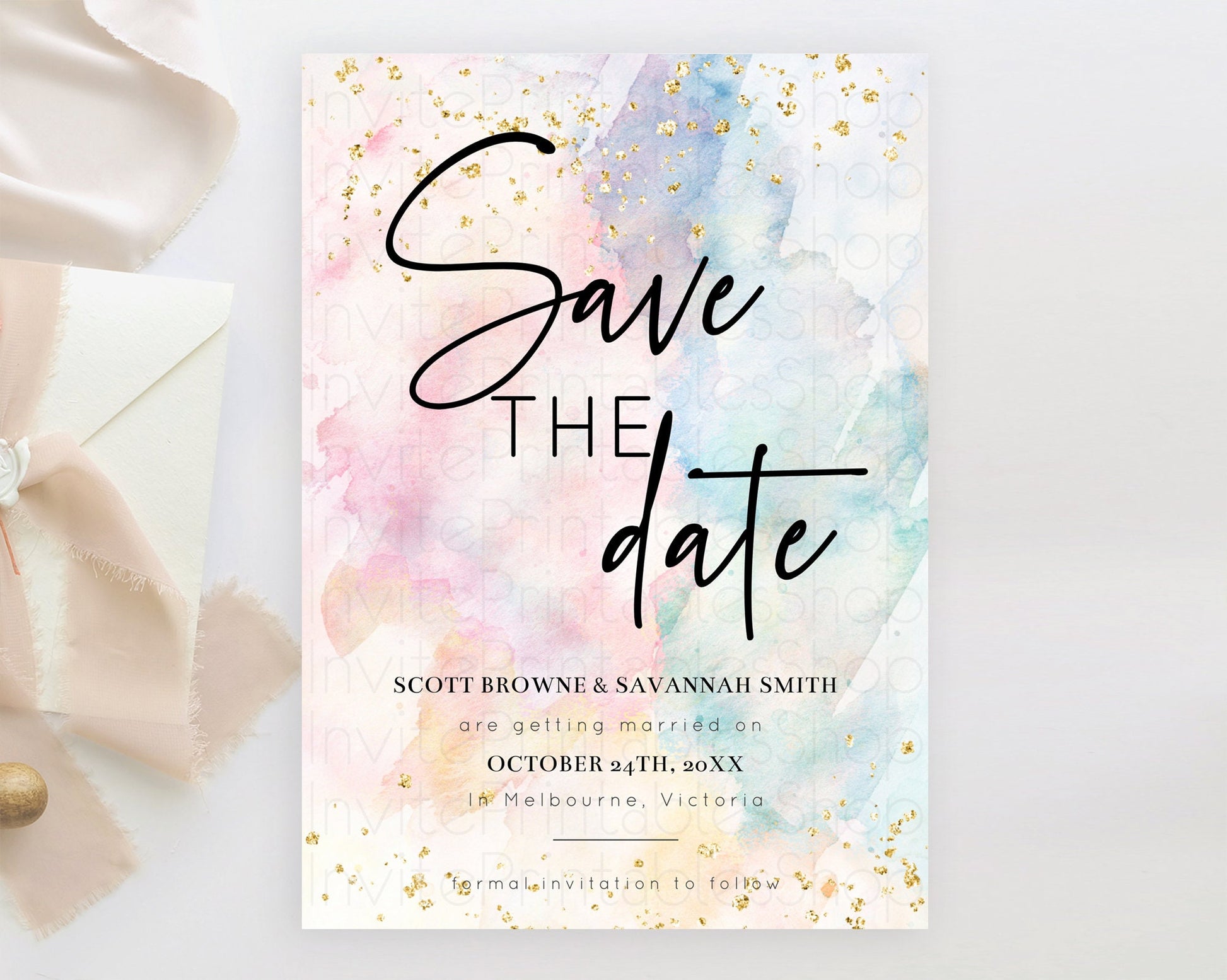 Editable Pastel Save The Date Template Pastel Ombre Rainbow Watercolor Color