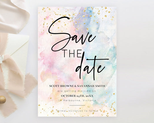 Editable Pastel Save The Date Template Pastel Ombre Rainbow Watercolor Color
