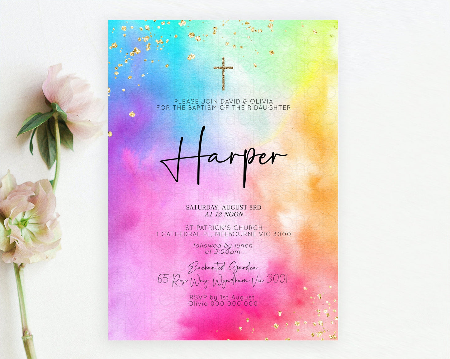 Tie Dye Baptism Invitation Rainbow Baptism 1st Birthday Invitation Pastel Ombre Colorful Christening Invitation Holy Communion D10456