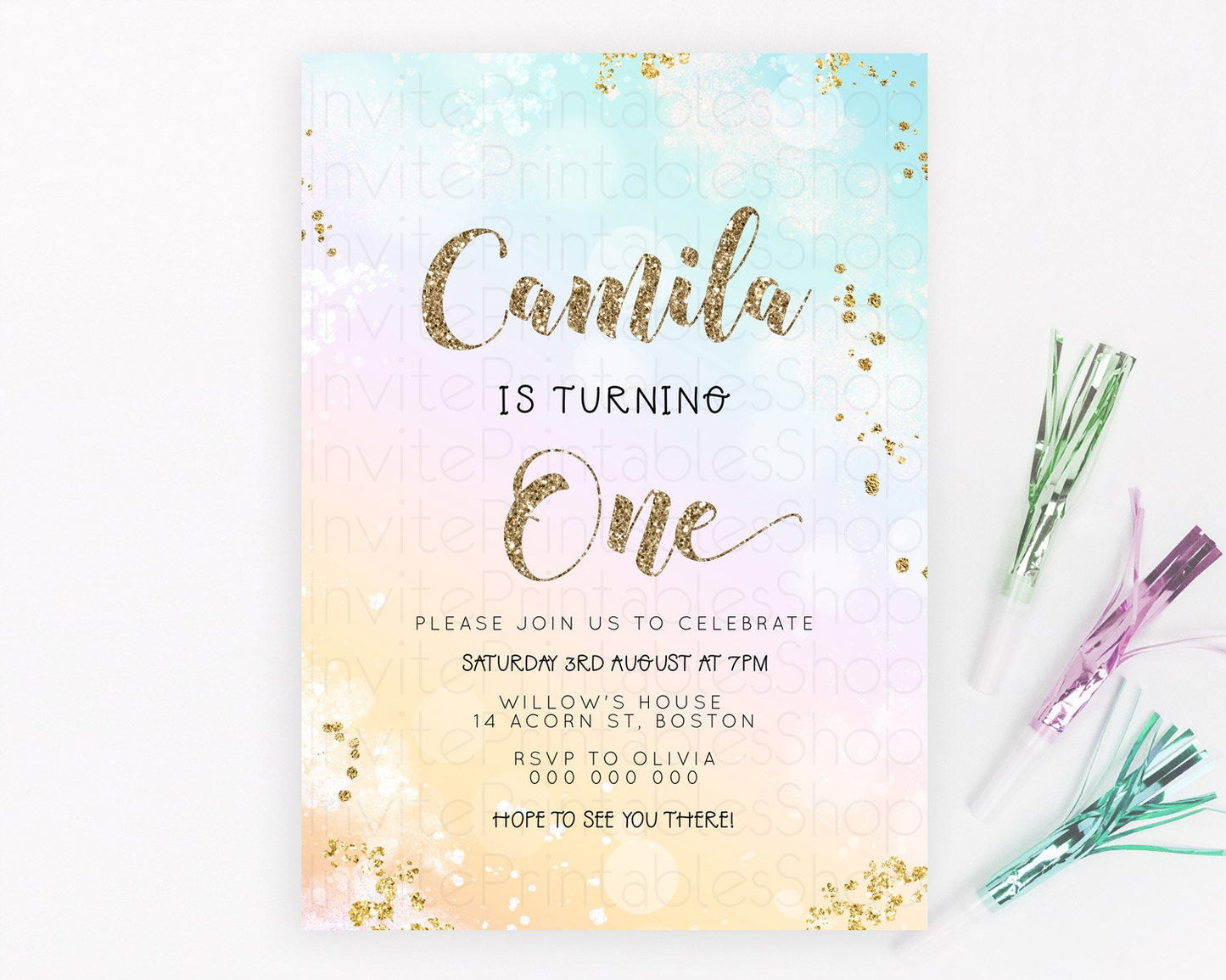 Rainbow Birthday Invitation Colorful Pastel Watercolor Invitation Gold Glitter Sprinkles Ombre Pastel 1st 2nd 3rd Birthday D23116