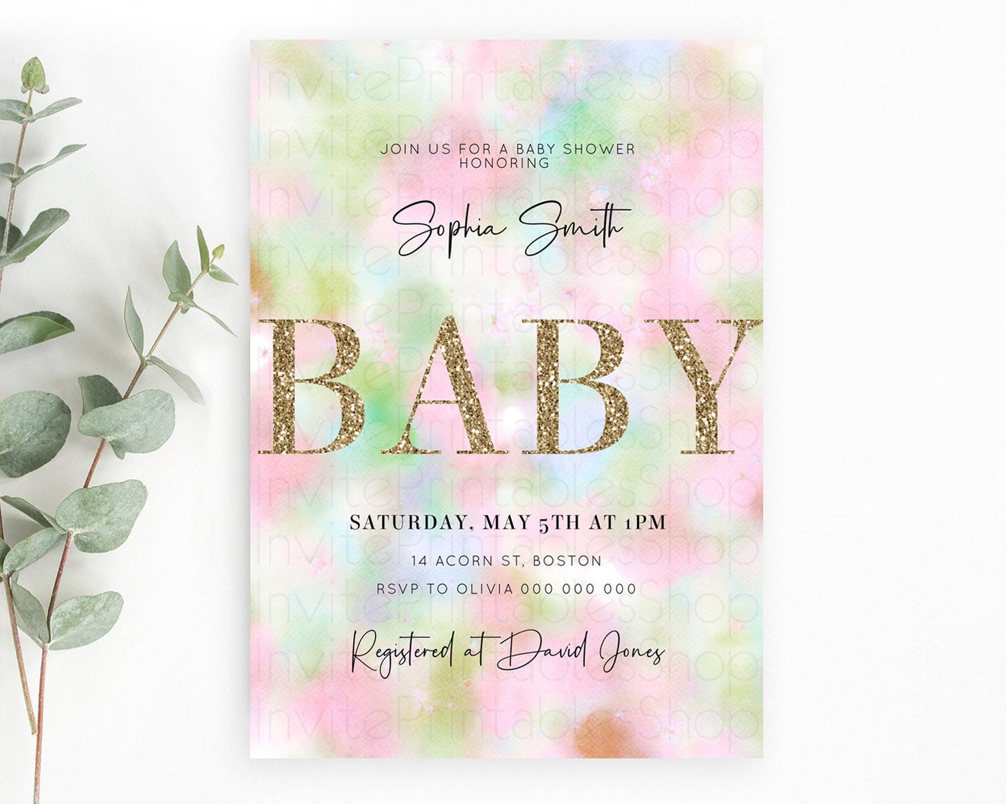 Pastel Baby Shower Invitation Rainbow Baby Shower Invitation Colorful Pastel Watercolor Invitation Gold Glitter Sprinkles Ombre D10698