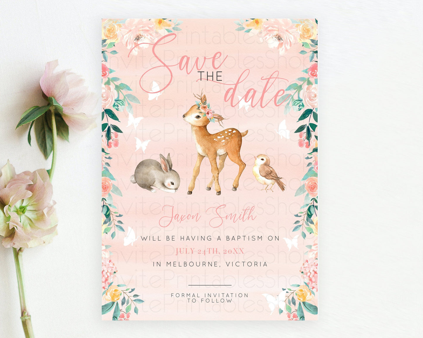 Fawn Deer Save The Date Template Pastel Floral Deer Enchanted Forest Butterfly Party 1st Birthday Baptism Baby Shower Bridal Shower D10921