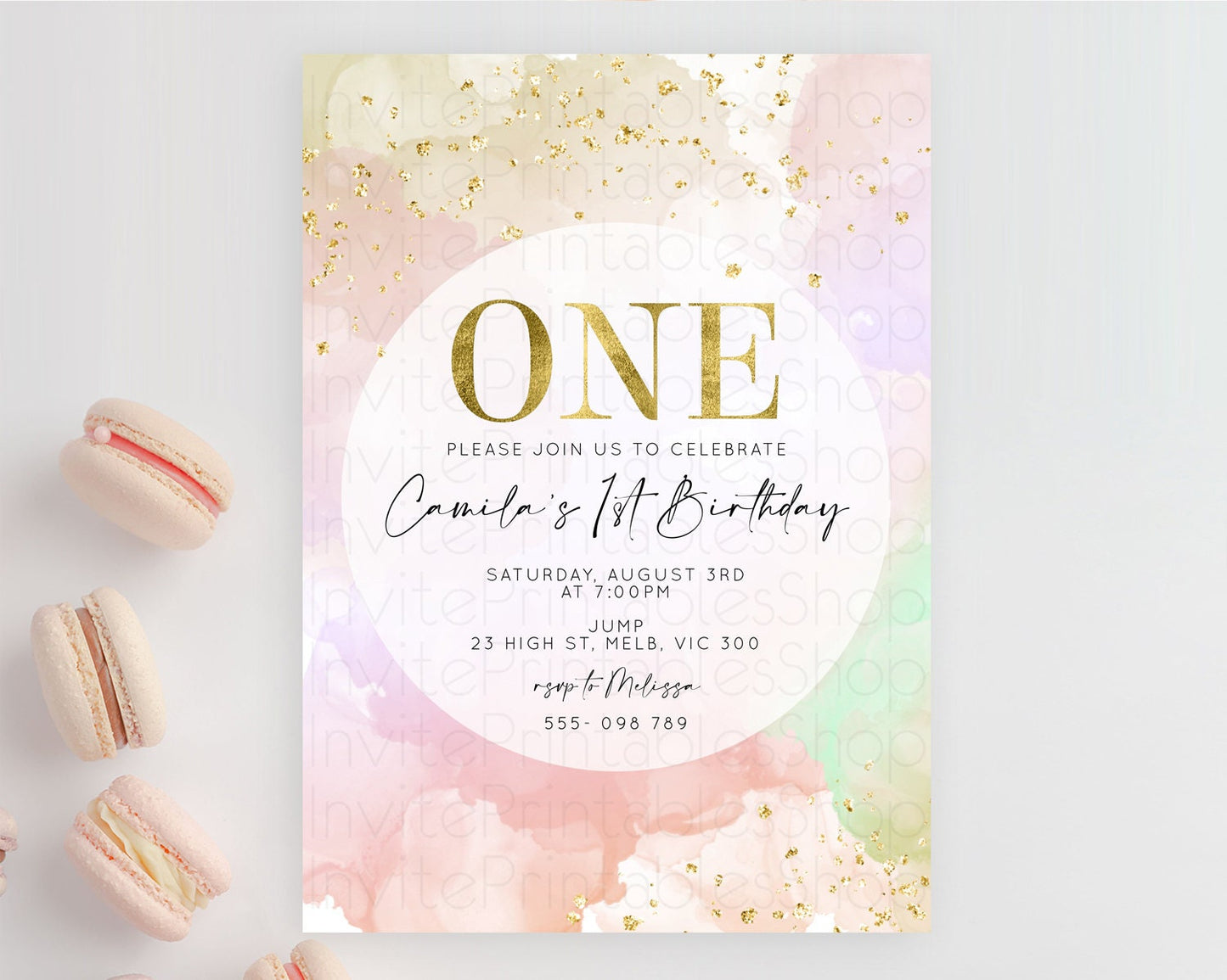 Rainbow Birthday Invitation Colorful Pastel Watercolor Invitation Gold Glitter Sprinkles Ombre Pastel 1st 2nd 3rd Birthday D10627