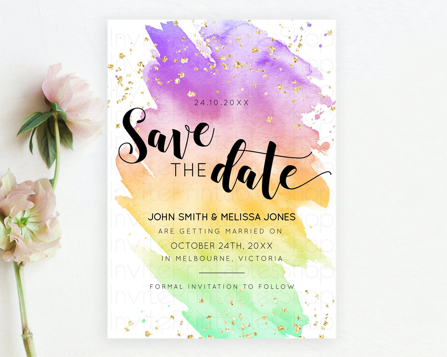 Pastel Save The Date Template Pastel Ombre Rainbow Watercolor Colorful Party For Birthday Baptism Baby Shower Wedding Bridal Shower D10517