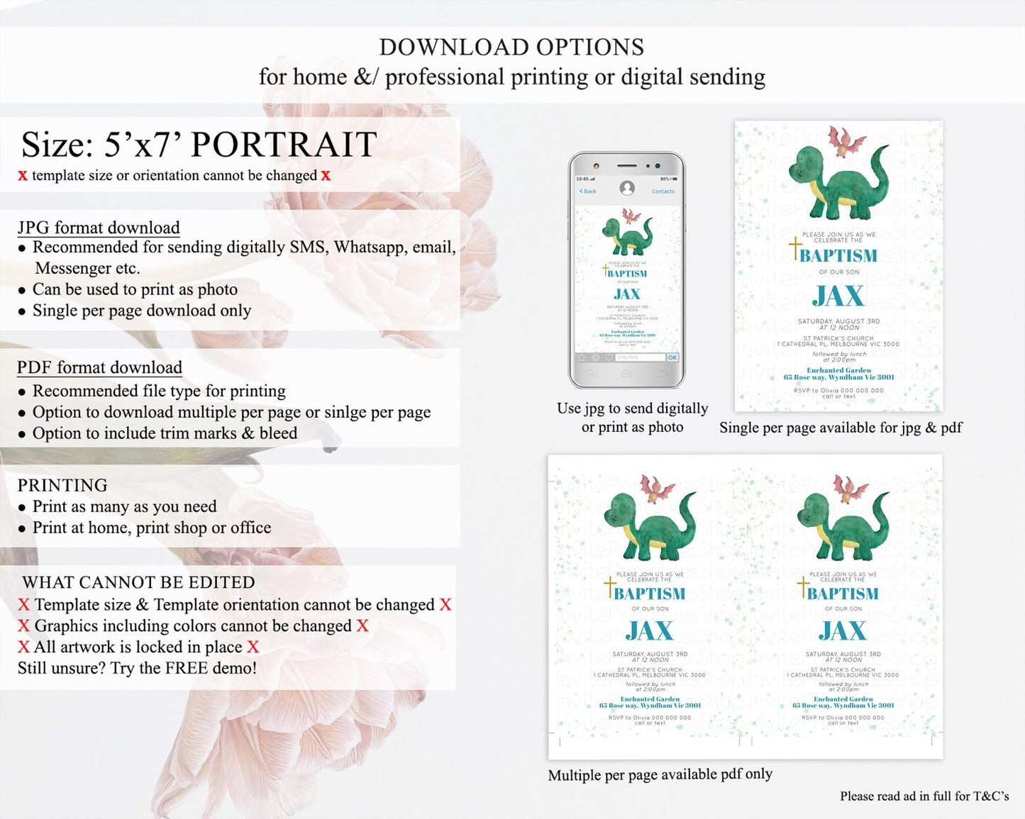 Dinosaur Baptism Invitation Dinosaur Volcano Baptism 1st Birthday Invitation Watercolor T-Rex Raptor Jurassic Christening Invitation D10153
