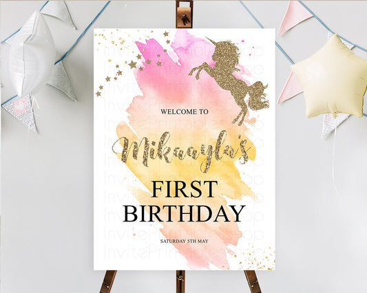Editable Unicorn Rainbow Birthday Welcome Board Pastel Unicorn Welcome Sign
