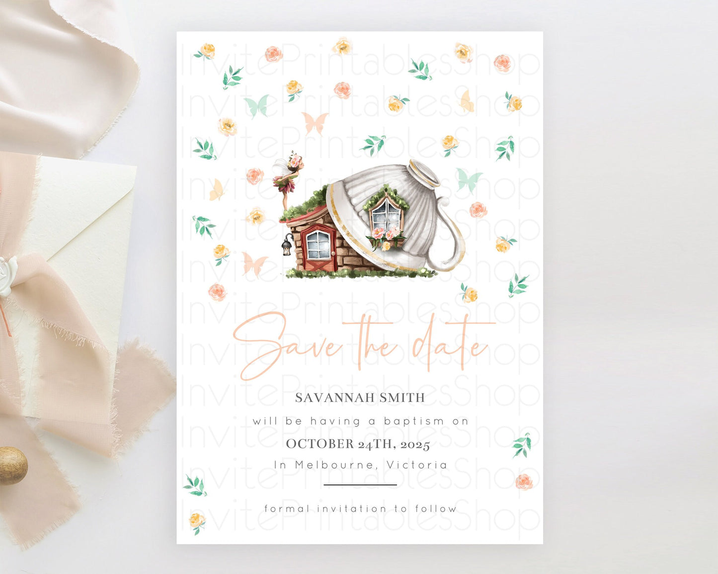 Fairy Save The Date Template Enchanted Garden Pastel Floral Butterfly Party Secret Garden Birthday Baptism Baby Shower Bridal Shower D10383