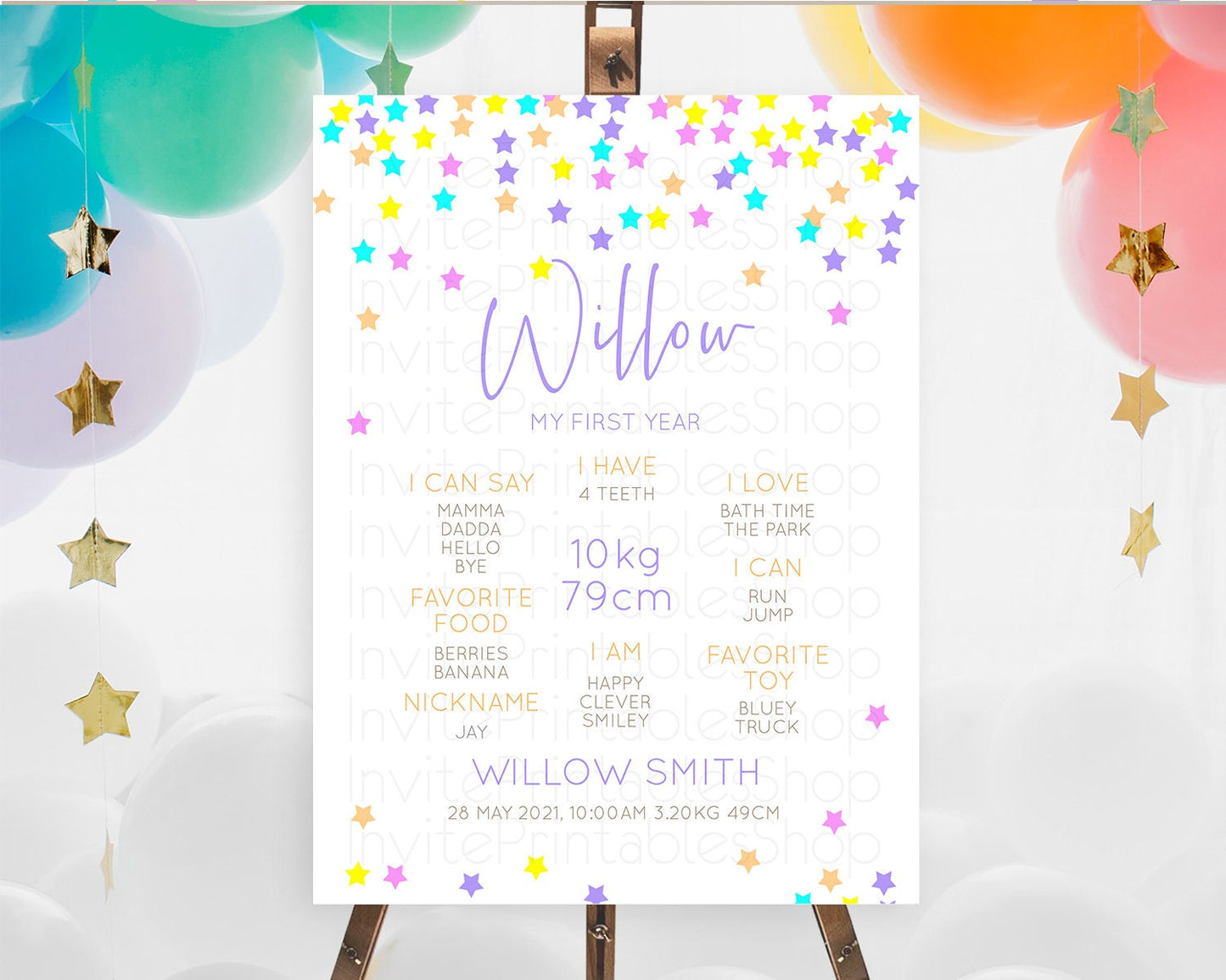 Star First Birthday Milestone Poster Pastel Stars Milestone Shooting Star Rainbow Colorful Confetti Twinkle Little Star 1st Birthday D10397