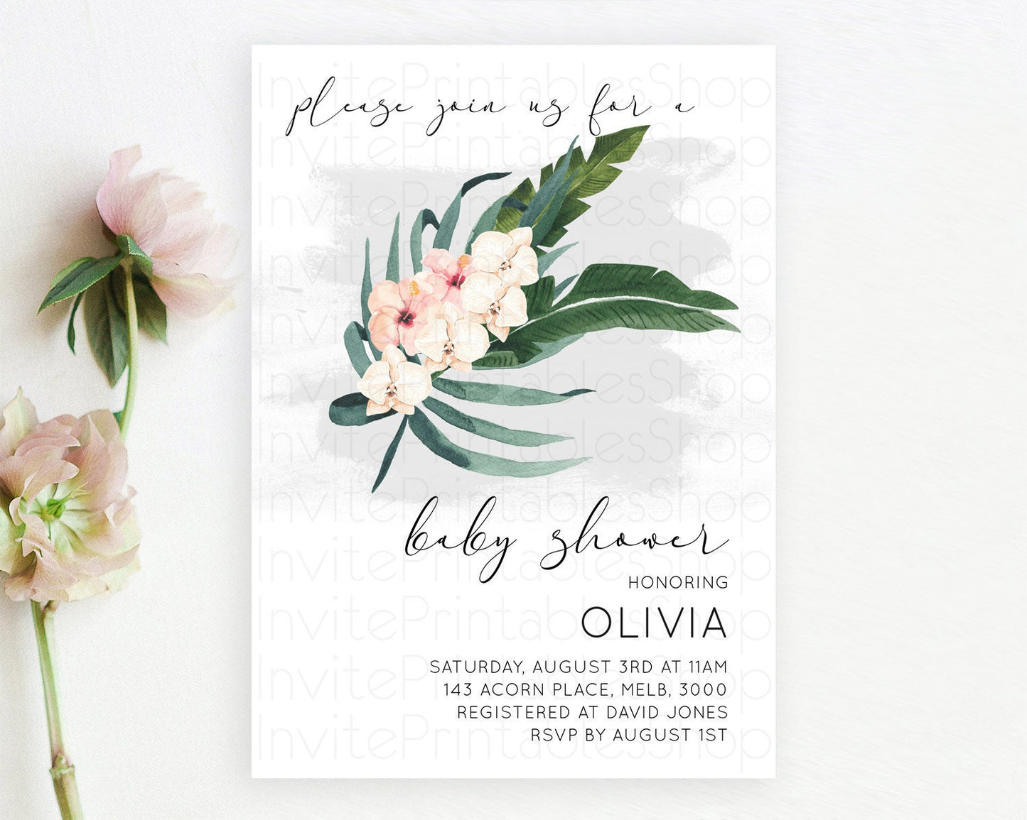 Tropical baby Shower Invitation Tropical Floral Baby Shower Invitation Palm Leaf Fern Invitation Frangipani White Orchid Invitation D11011