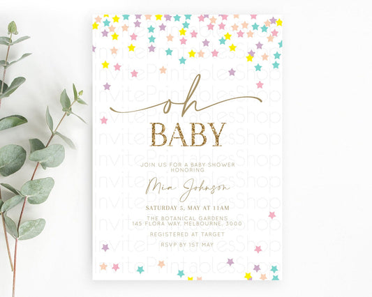 Twinkle Star Baby Shower Invitation Pastel Twinkle Star Invitation Rainbow Pastel Colorful Confetti Twinkle Little Star Baby Shower D10601