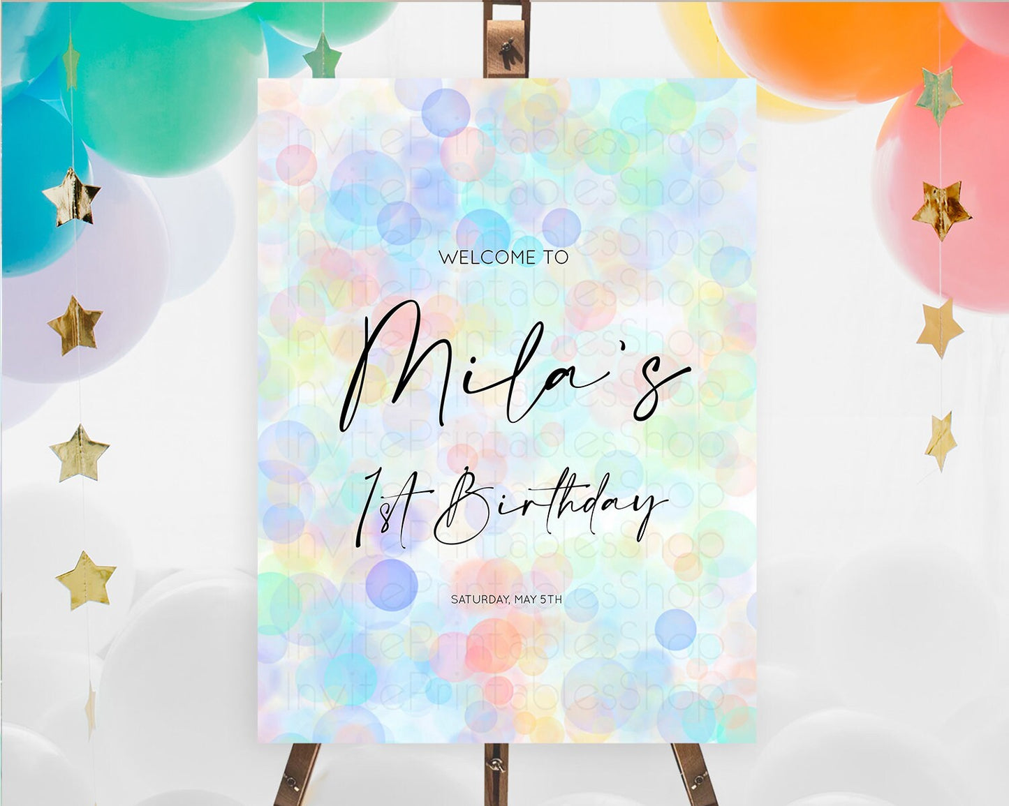 Pastel Welcome Sign Bubble Bath Birthday Party Rainbow Welcome Board Pastel Bubbles Colorful Confetti First Birthday Welcome Sign D10446