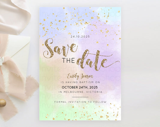 Pastel Save The Date Template Pastel Ombre Rainbow Watercolor Colorful Party For Birthday Baptism Baby Shower Wedding Bridal Shower D10372