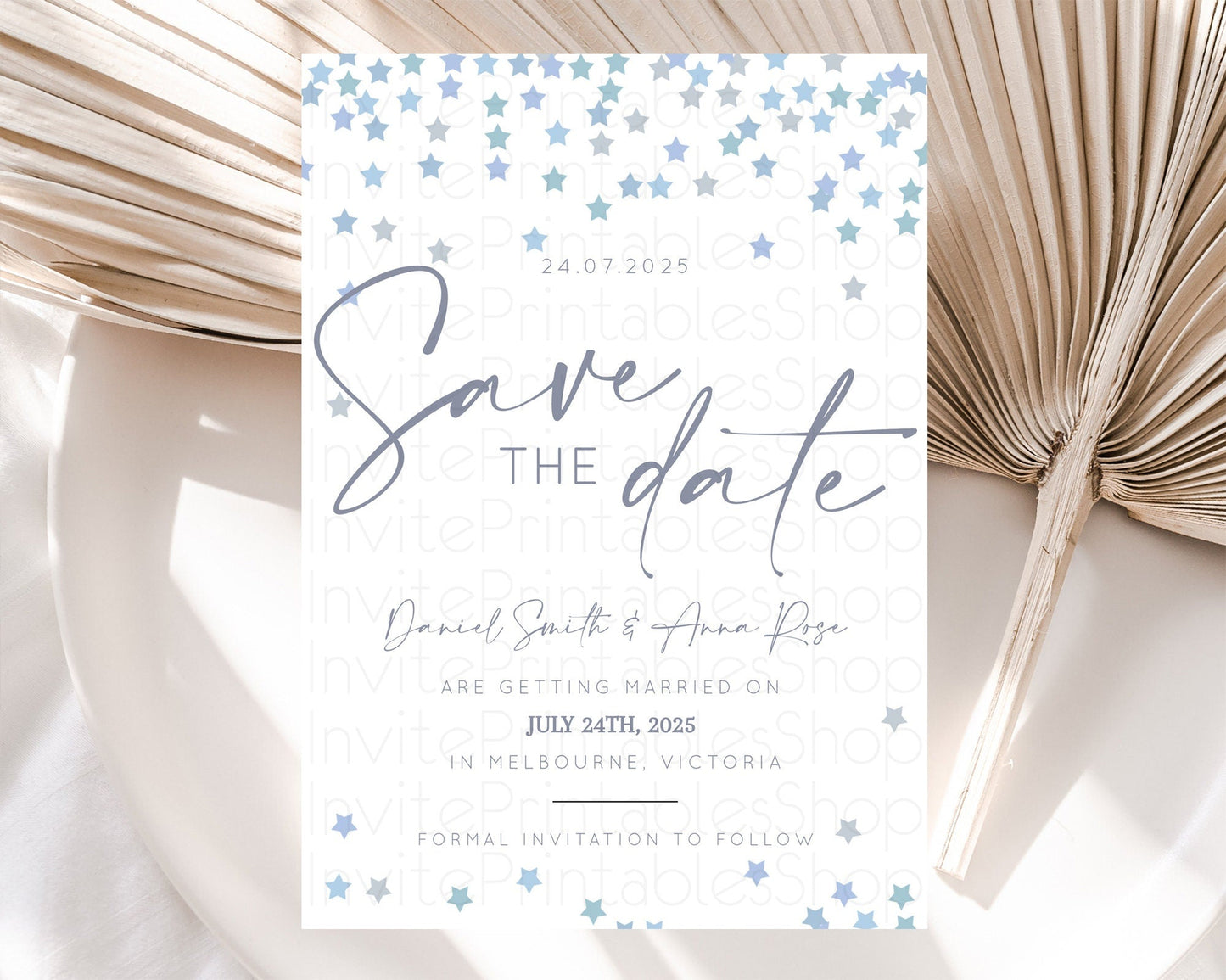 Twinkle Stars Save The Date Template Pastel Twinkle Little Star Party Shooting Star Confetti Sprinkles Birthday Baptism Baby Shower D10341