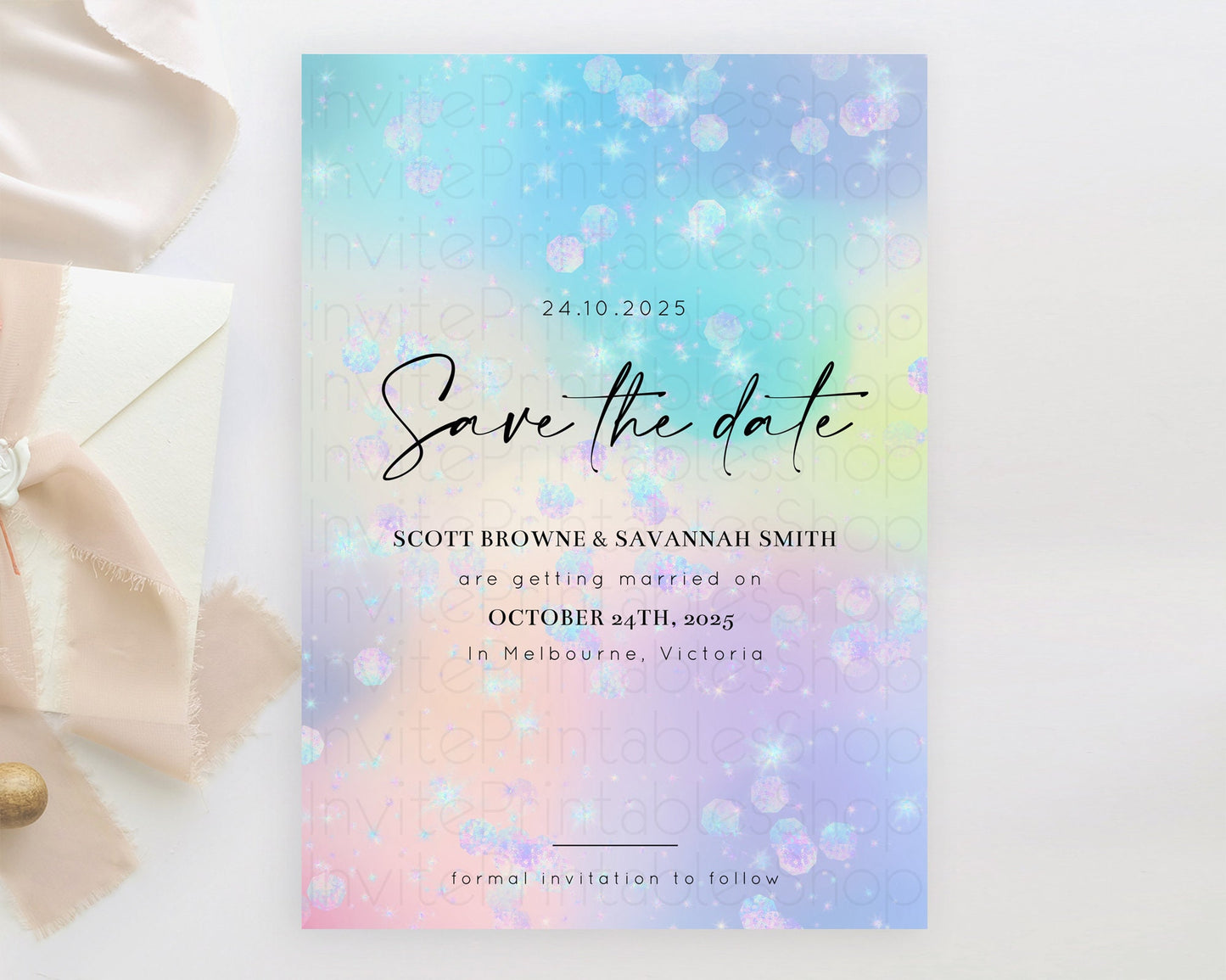 Colorful Save The Date Template Pastel Rainbow Watercolor Iridescent Ombre Party For 1st Birthday Baptism Baby Shower Bridal Shower D10665