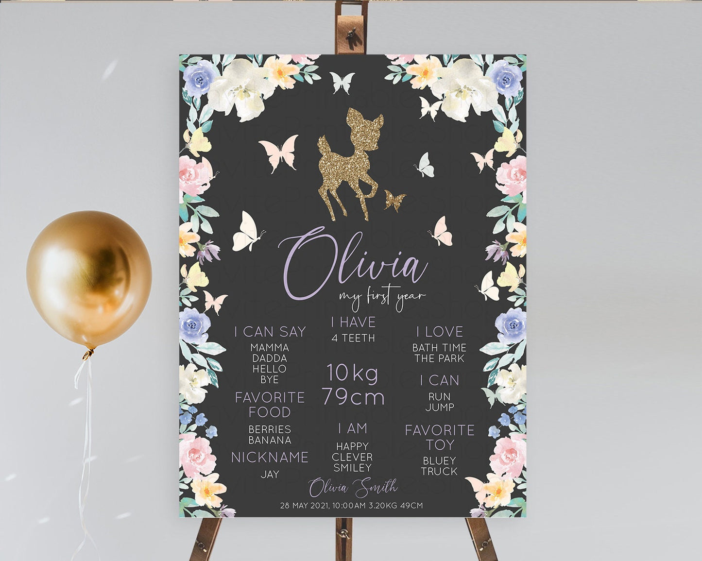 Fawn First Birthday Milestone Board Deer First Birthday Milestone Poster Enchanted Forest Butterfly Pastel Flowers 1st Birthday Sign D10323