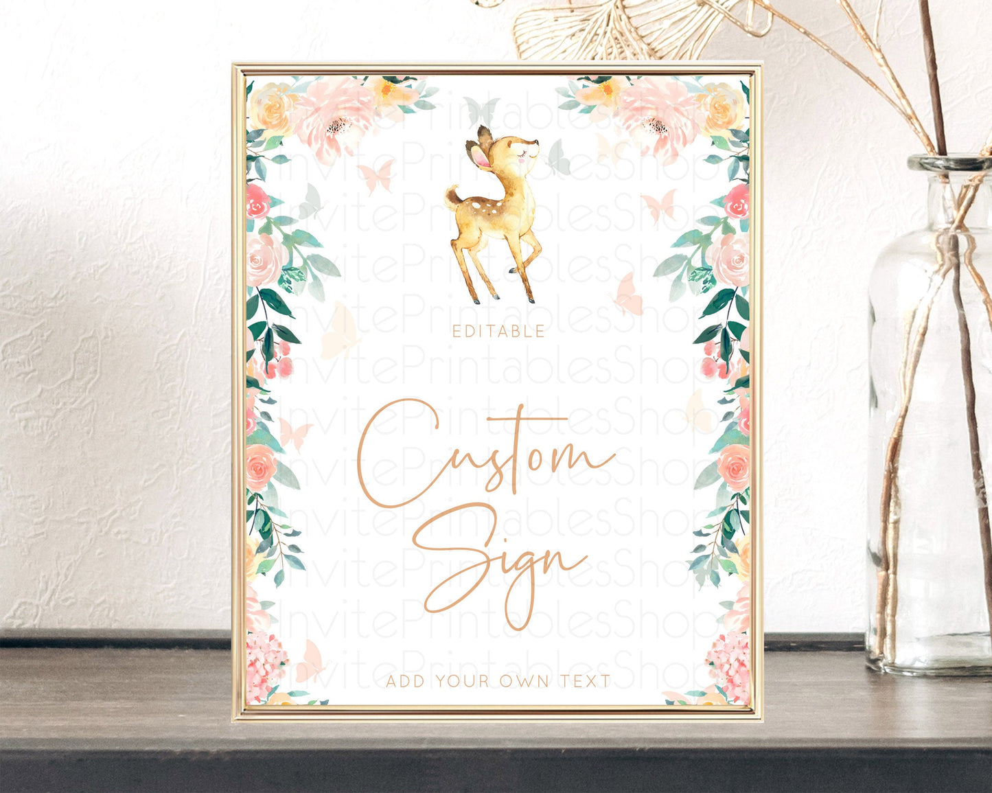 Fawn Deer Sign Pastel Floral Deer Table Sign Decor  Enchanted Forest Butterfly Party 1st Birthday Baptism Baby Shower Bridal Shower D10753