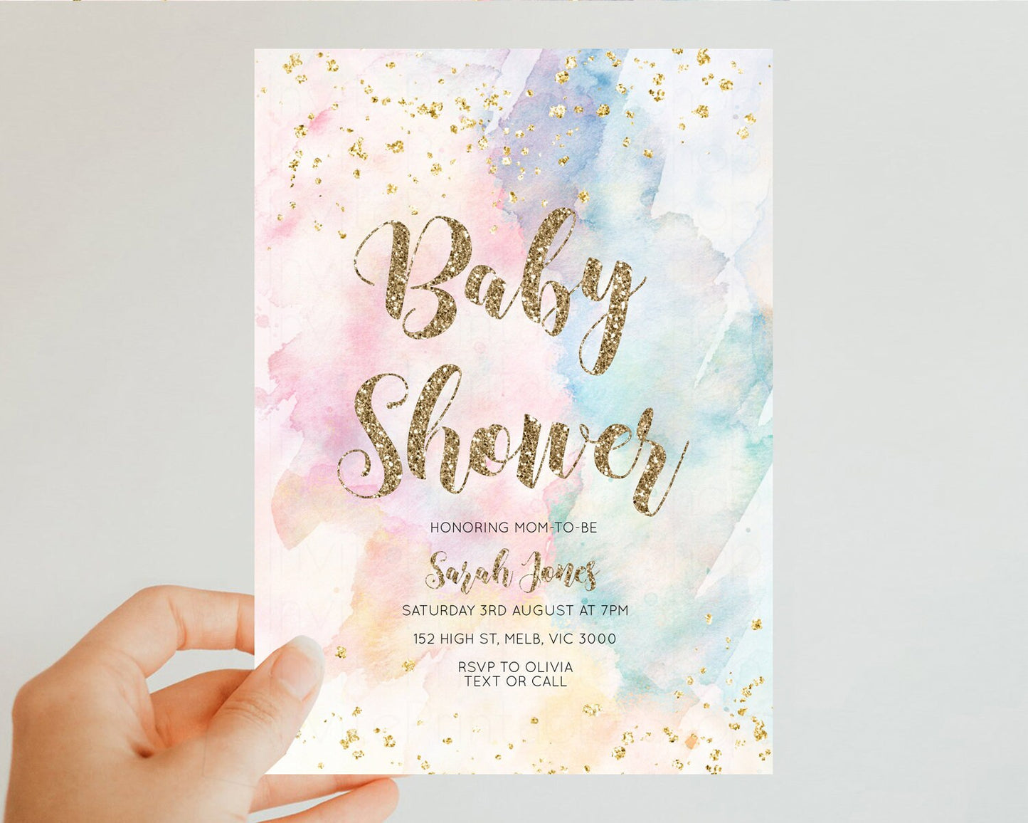 Rainbow Baby Shower Invitation Pastel Baby Shower Invitation Watercolor Ombre Invitation Rainbow Pastel Colors Invite Glitter Confetti 276