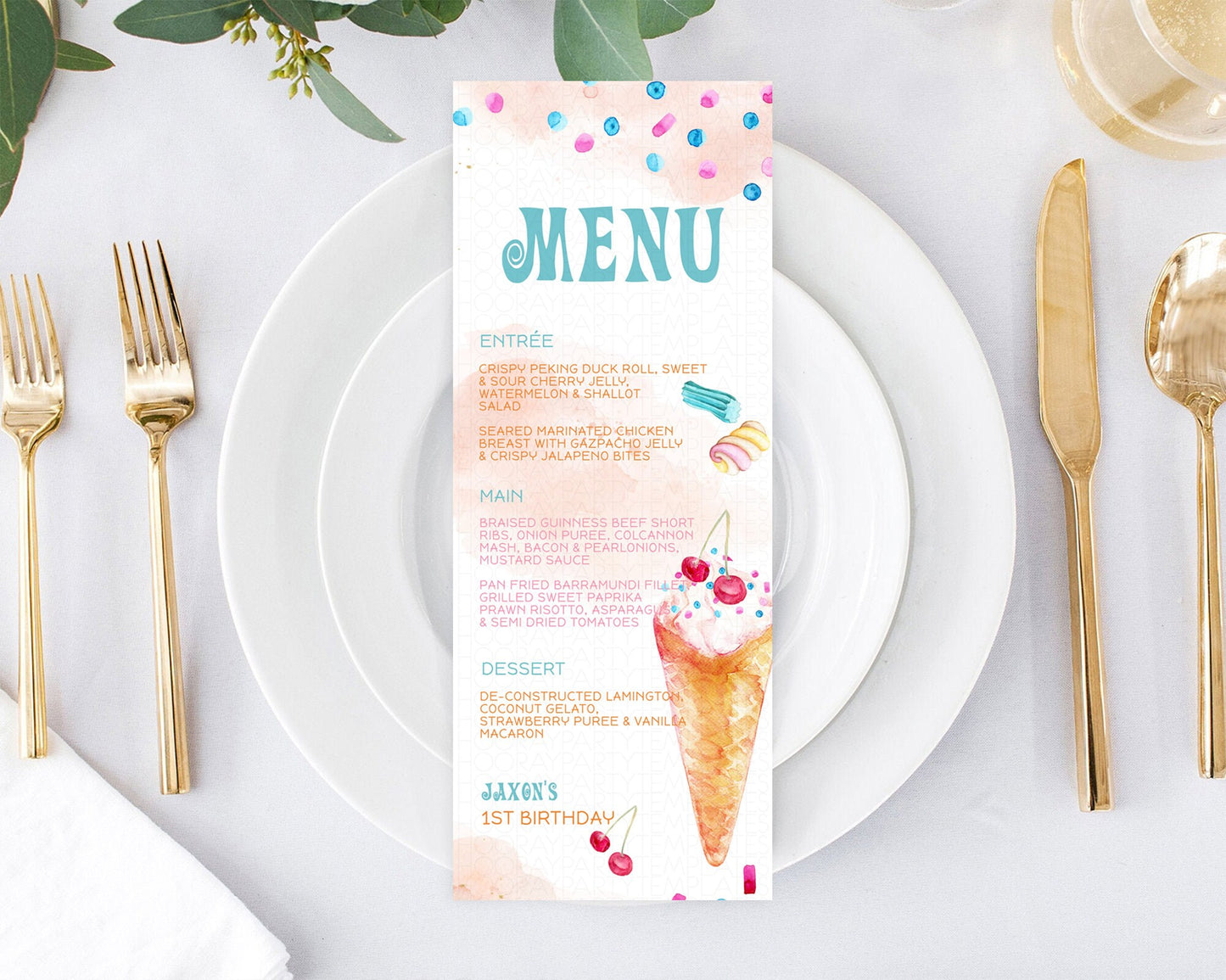 Ice Cream Menu Sweet One Menu Template Heres The Scoop Decor Pastel Candy Table Decor Candy Scoop Dinner Dessert Party Food Menu D10554