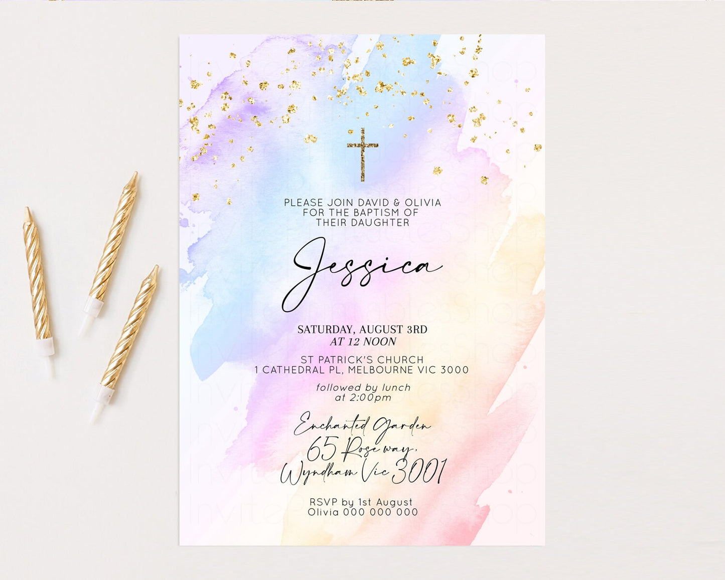 Rainbow Baptism Invitation Pastel Christening Invitation Holy Communion Invitation Glitter Watercolor Splash Invitation Colorful Invite t600