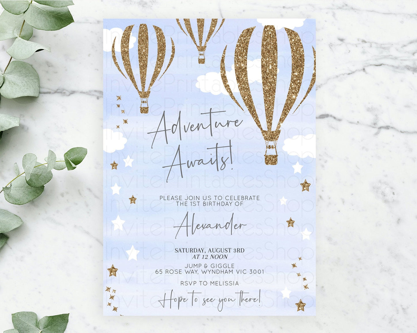 Hot Air Balloon Birthday Invitation Hot Air Balloon Invites Adventure Awaits Up Up & Away Glitter Blue Watercolor 1st Birthday Boy D10333