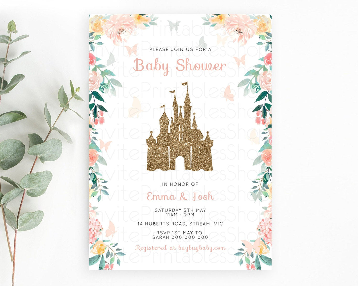 Pastel Princess Baby Shower Invitation Floral Castle Invitation Royal Baby Invite Enchanted Castle Pastel Flower Garden Baby Shower D10429