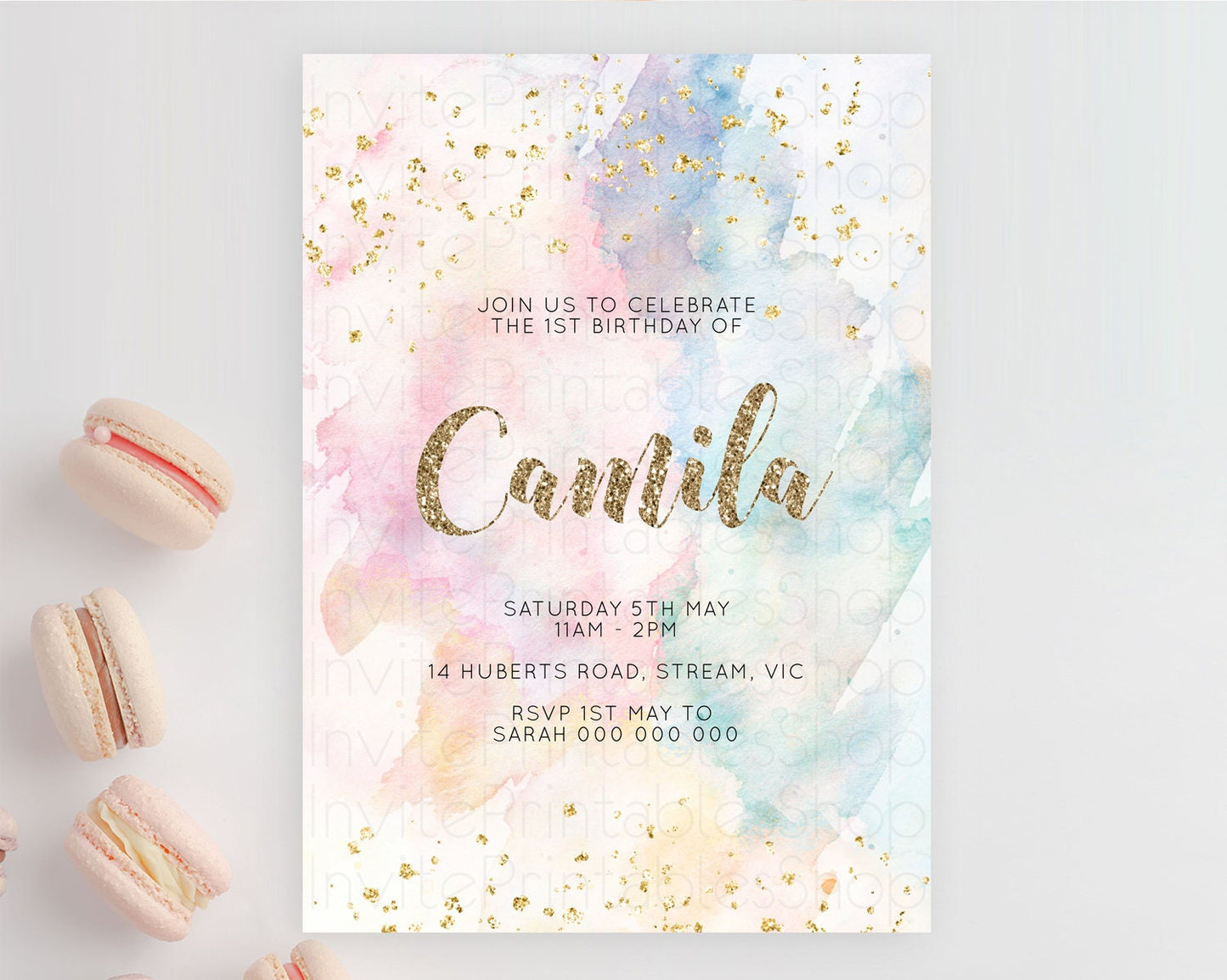 Rainbow Birthday Invitation Colorful Pastel Watercolor Invitation Gold Glitter Sprinkles Ombre Pastel 1st 2nd 3rd Birthday D10264